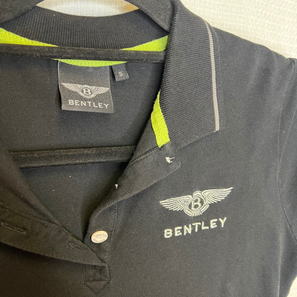 Bentley Motors Womens Black Polo Shirt Lime Green Trim Union Jack Logo Small